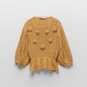 Yellow Zara Balloon Sleeve Textured Peplum Knit Sweater (NWT)